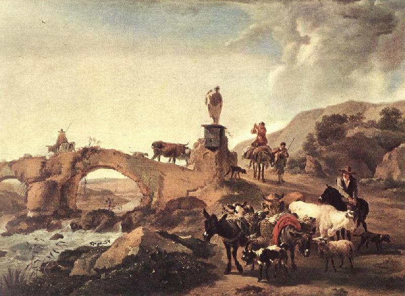 BERCHEM, Nicolaes Italian Landscape with Bridge  ddd Sweden oil painting art